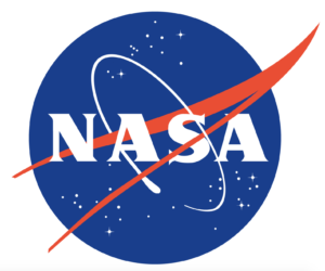 NASA logo with blue circle and letters NASA in white with orbit