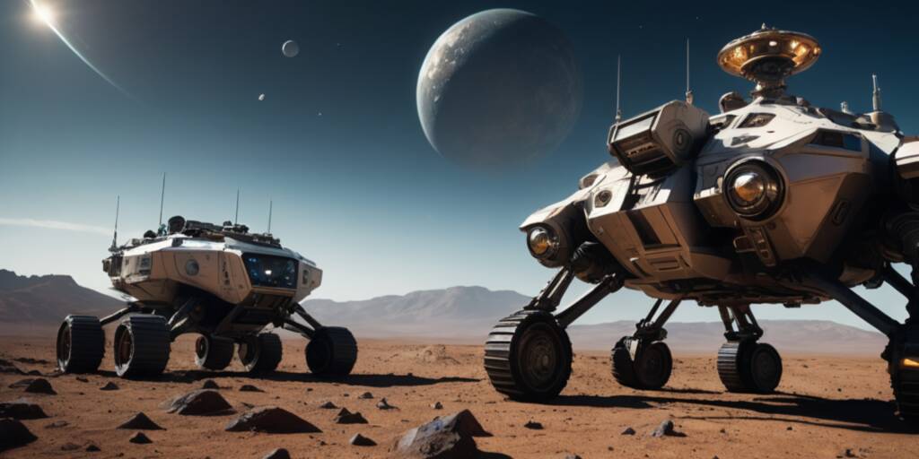 2 space mining rovers on the surface of a planet